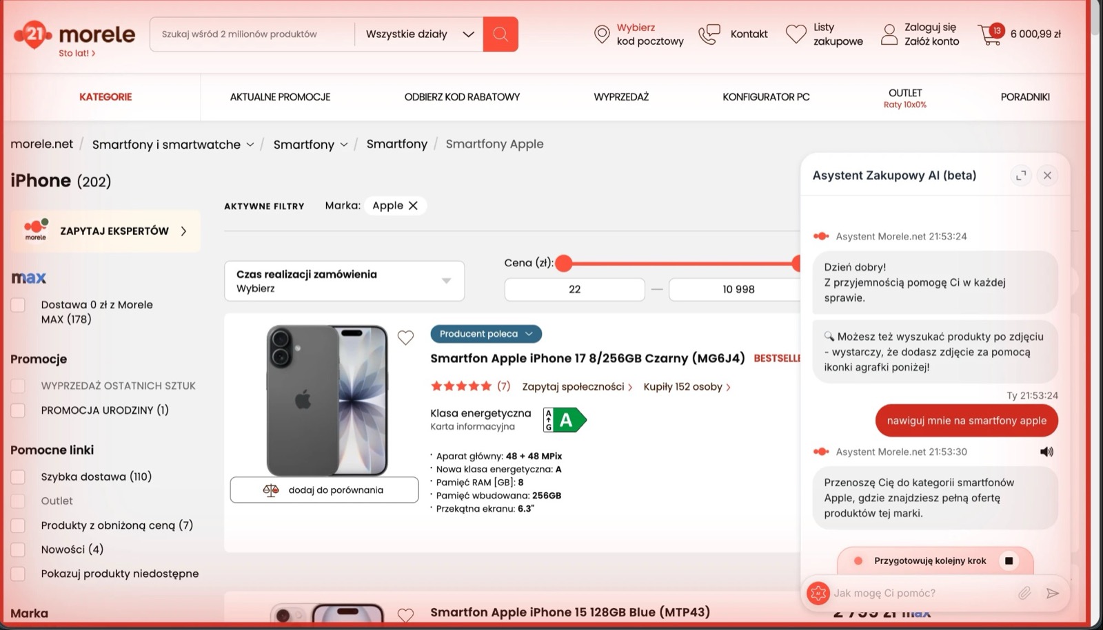Chat on morele.net: the command 'take me to Apple smartphones' and the assistant reply while it moves the customer to the category