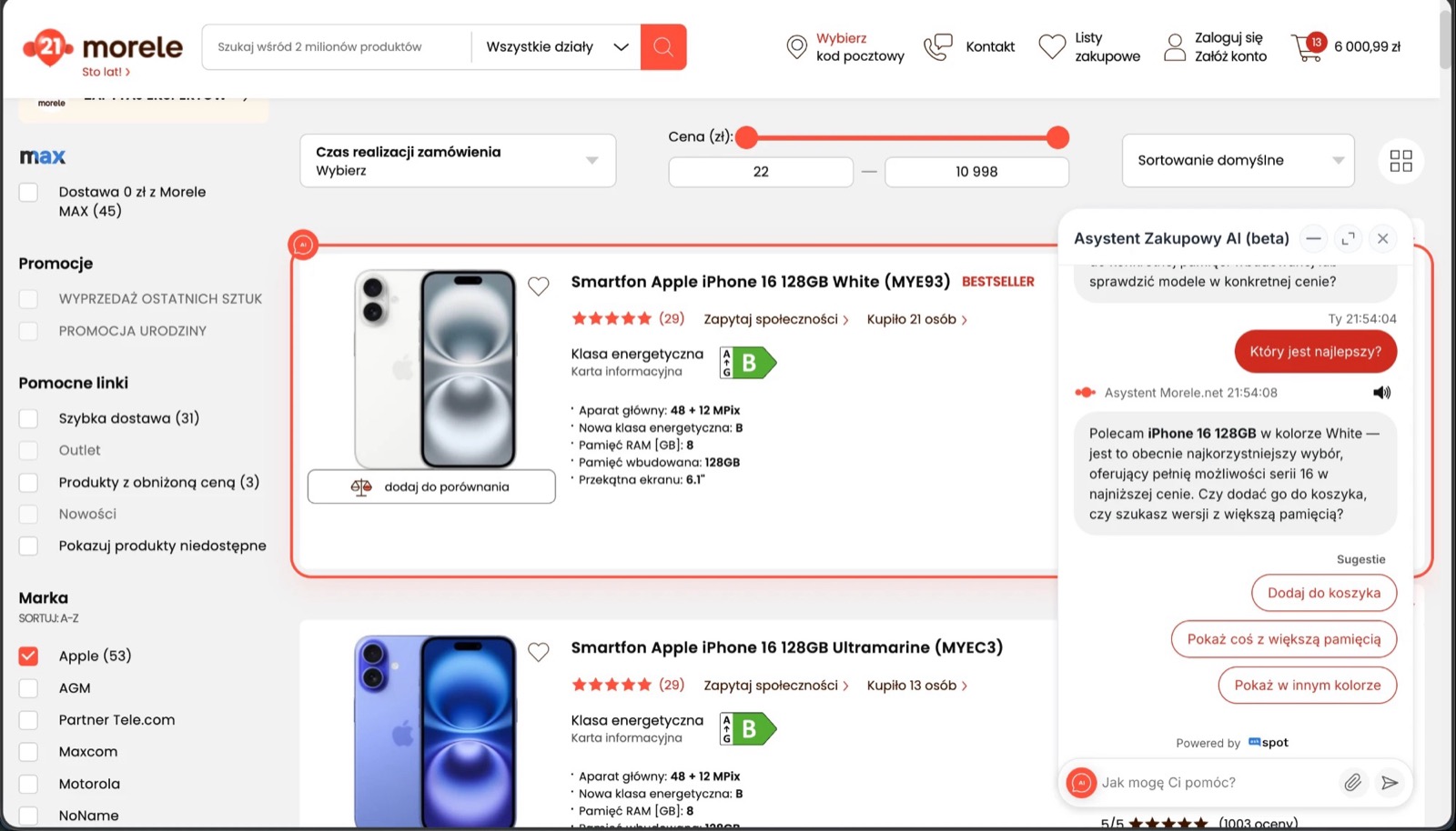 The morele.net assistant highlights the recommended iPhone 16 on the listing and offers actions: add to cart, more storage, another colour